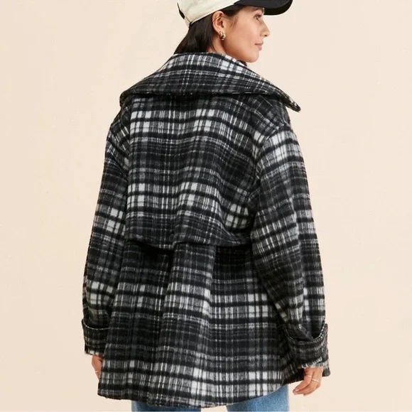 Free People Black and White Plaid Pea Coat - Picture 3 of 9